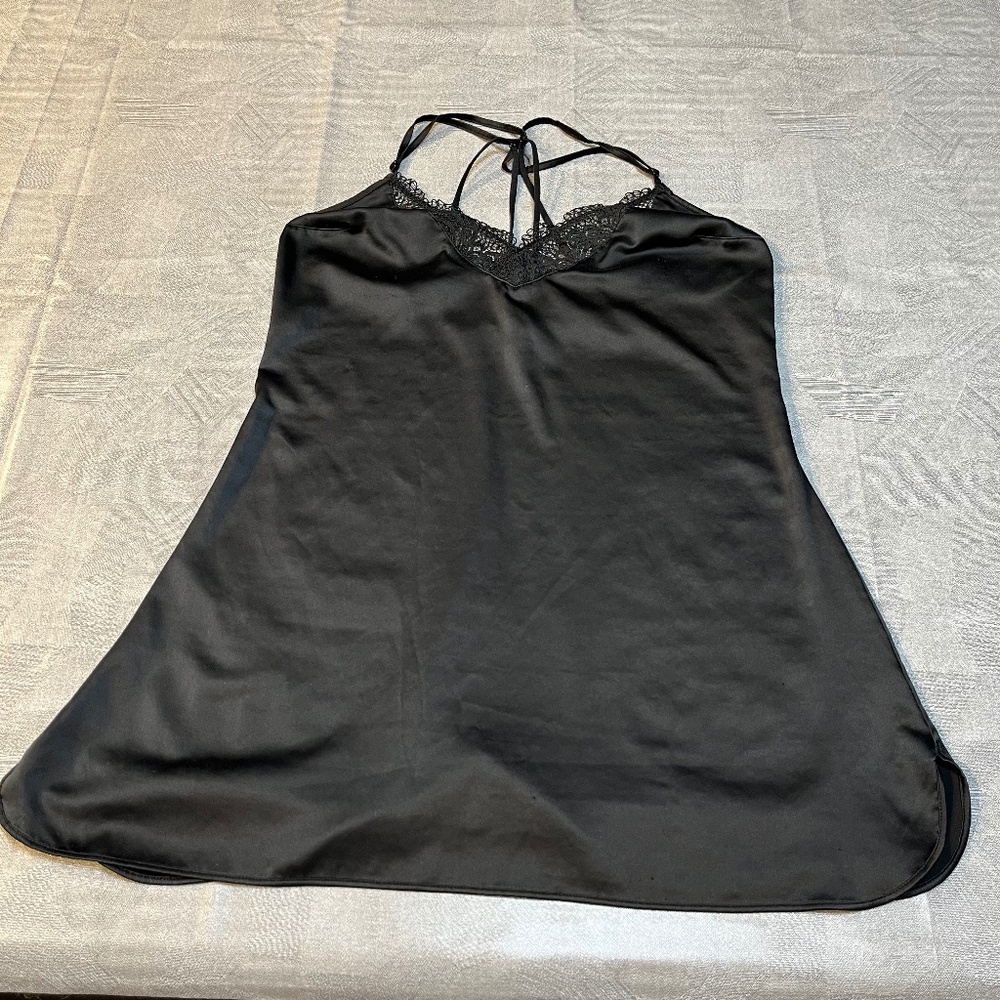 Silky Black Camisole Top Lace on Front V Neckline Size S